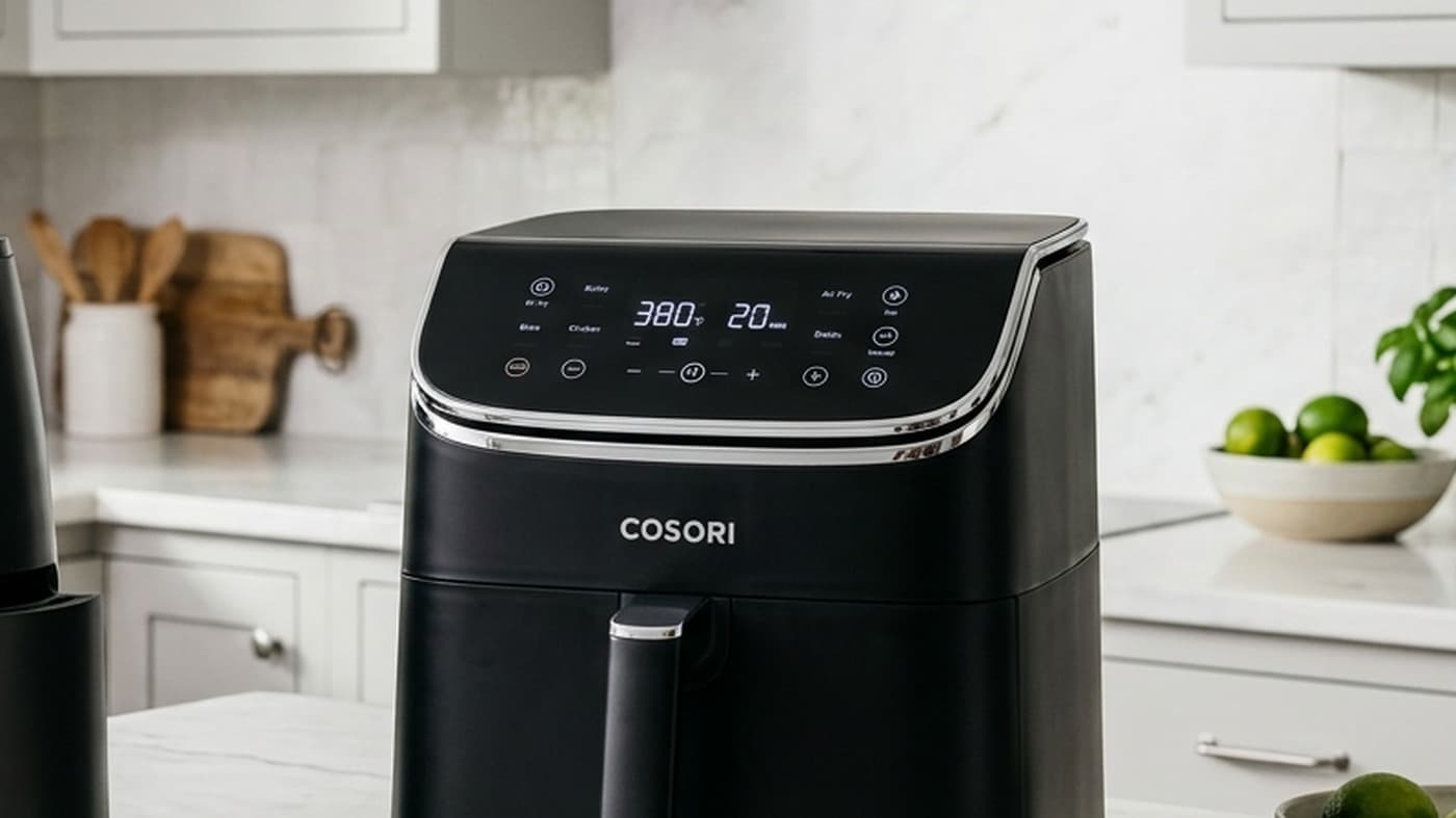 Cosori Pro III air fryer on a kitchen countertop showing front control interface