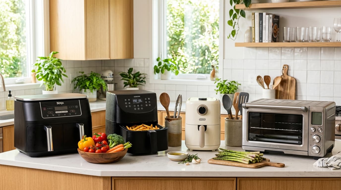 Multiple air fryers and convection ovens displayed on a modern kitchen counter