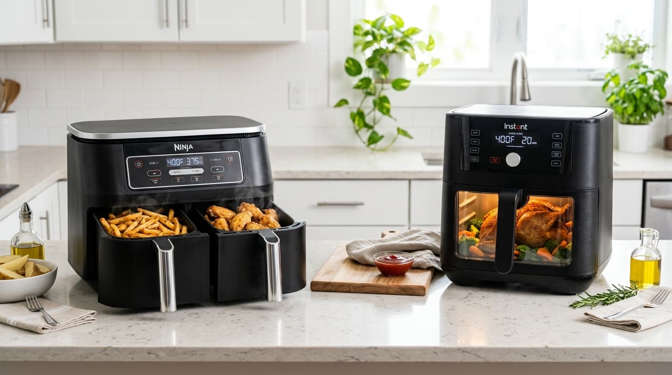 Side-by-side comparison of Ninja Foodi DualZone two-basket air fryer and Instant Vortex Plus air fryer