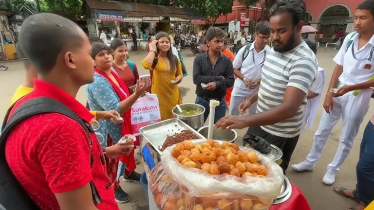 A group of people eating fresh Fuchka at a busy street food stall in Dhaka, Bangladesh on a sunny day.