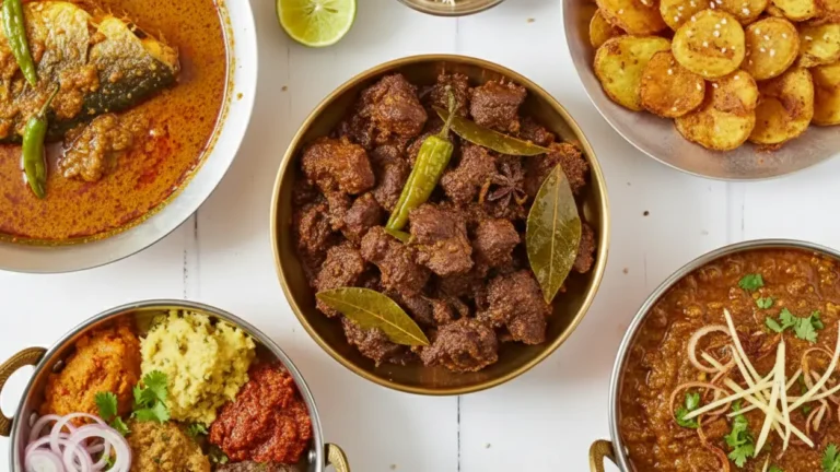 A spread of famous Bangladeshi foods including Beef Kala Bhuna, Hilsa fish curry, and traditional Bhortas.