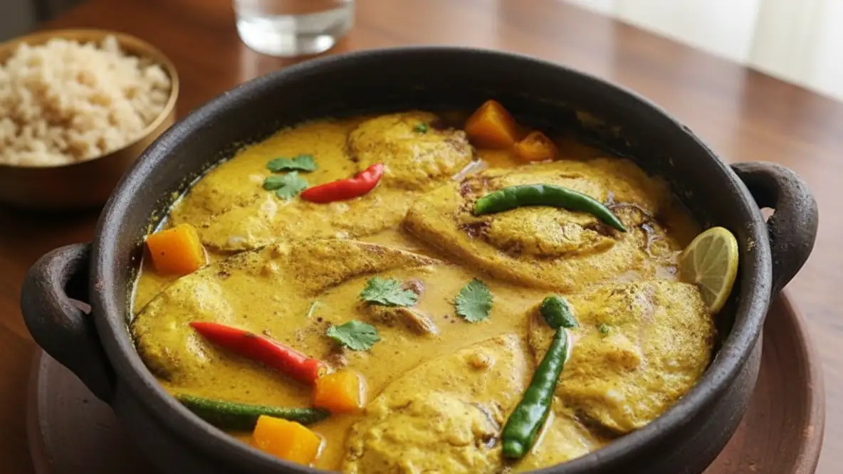 Bhapa Doi Maach (Steamed Yogurt Fish) served in a traditional clay pot with a side of healthy brown rice.