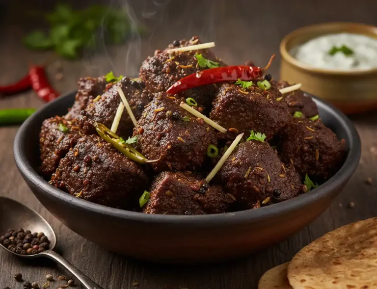 A 4K professional shot of Bengali Beef Kala Bhuna served in a clay bowl with paratha and rice.