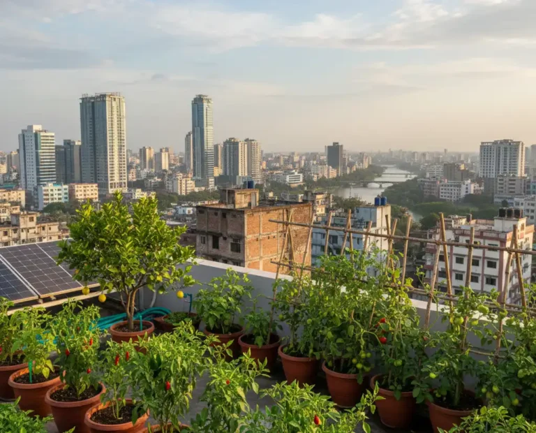 A lush green rooftop garden in a Dhaka apartment featuring organic vegetables and fruit trees.
