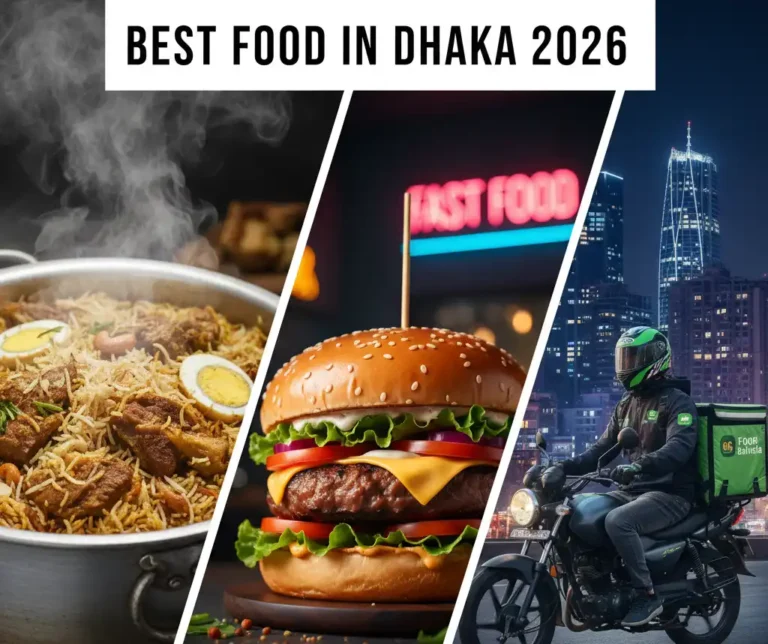 A vibrant collage of the best food in Dhaka, featuring Kacchi Biryani, gourmet burgers, and traditional bhorta thali.