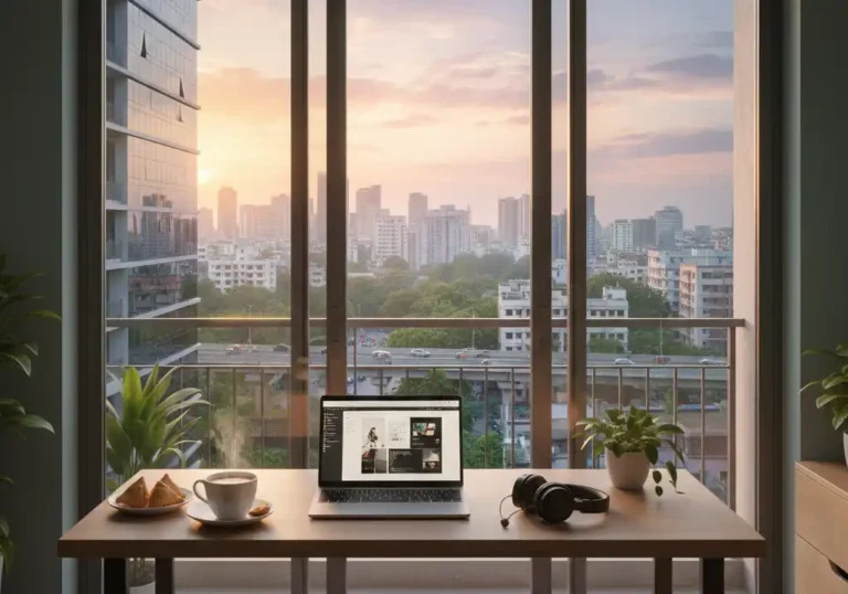 A modern home office setup in Dhaka with a laptop, a cup of Bengali tea, and a window view of the city skyline.