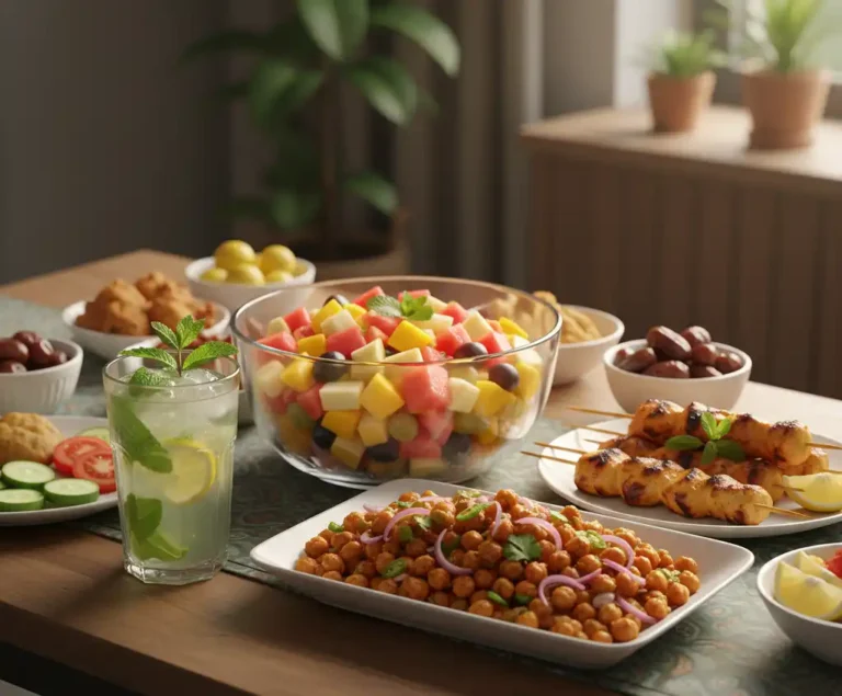 A beautiful Iftar table with dates, fresh fruit, grilled chicken, and healthy chickpea salad.