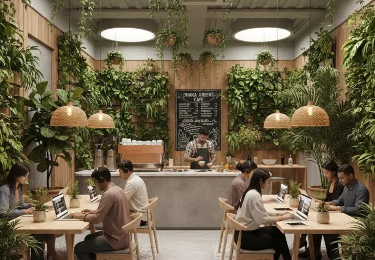 A trendy Dhaka cafe interior with biophilic design, a barista pouring latte art, and young professionals working on laptops.
