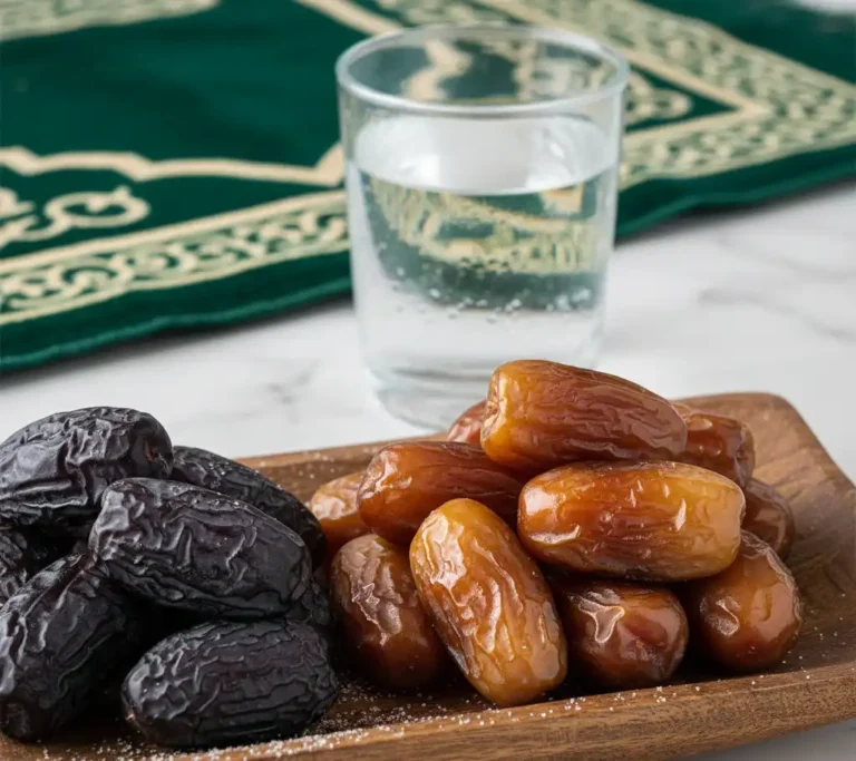 A variety of premium dates like Ajwa, Medjool, and Mabroom arranged on a traditional brass plate.
