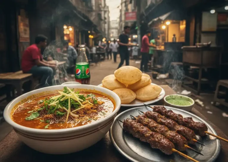 A steaming bowl of Shahi Halim next to a plate of smoky Beef Sheek Kebabs and fresh Luchi in Puran Dhaka.